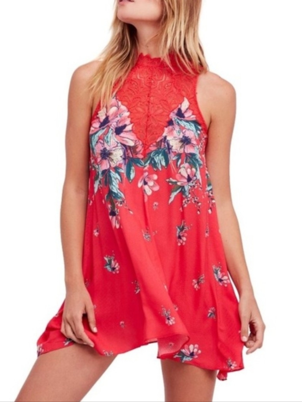 Free People Marsha Orange Red Floral Lace Yoke Slip Swing Dress